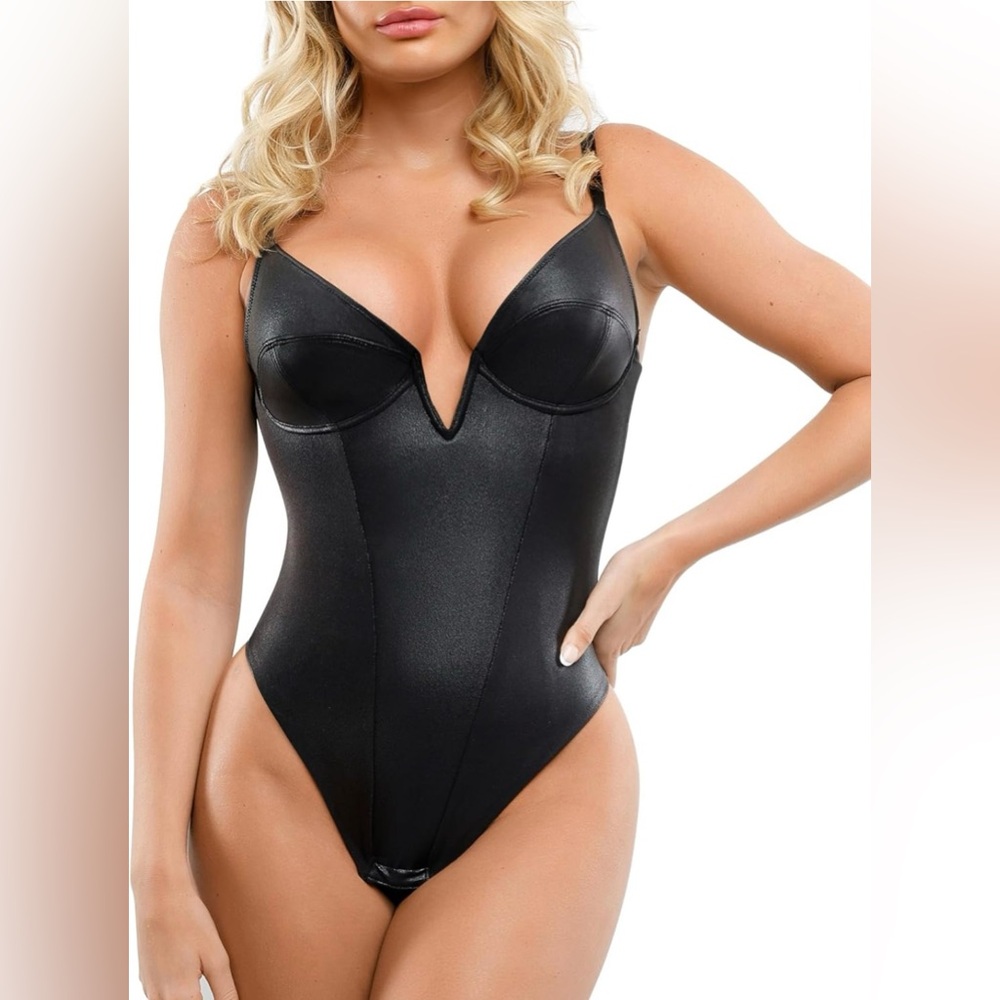 Popilush Faux Leather Deep V Neck Thong Shapewear Tummy Control Bodysuit Small